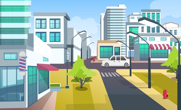 Ilustração simples de fundo de paisagem urbana de casas e carros Ilustração vetorial