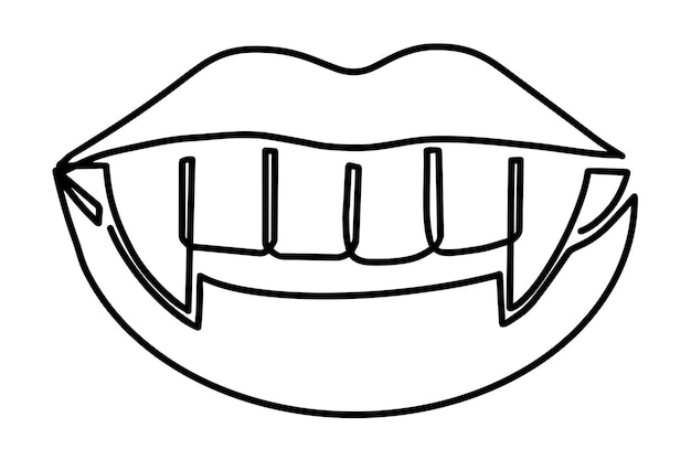 Ilustração simples de lábios de mulher sexy com dentes de vampiro de presas de vampiro pintados em uma linha