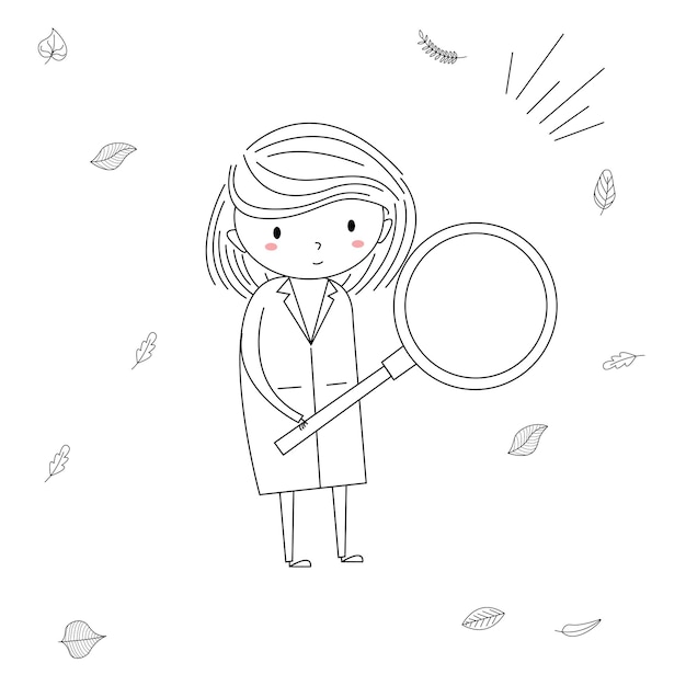 Ilustração simples e fofa de uma criança em estilo de arte em linha carregando uma lupa