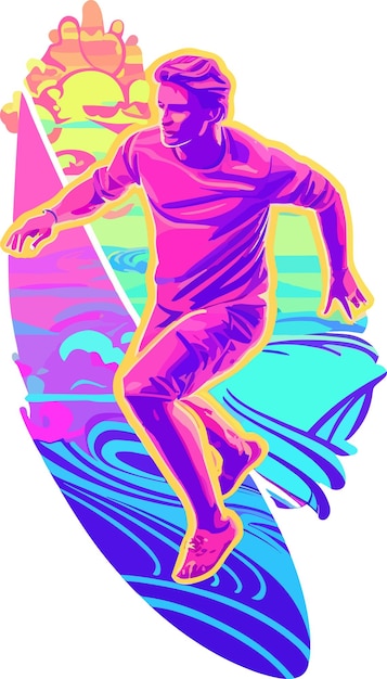 ilustração simplifique o design homem surfando adesivocor neon