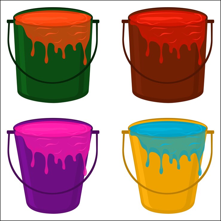 Vetor ilustração sobre o tema grande conjunto colorido diferentes tipos de baldes de plástico de vários tamanhos baldes de pintura balde composto de acessório de coleção para pintar a partir de balde na parede balde por pintura como balde para água