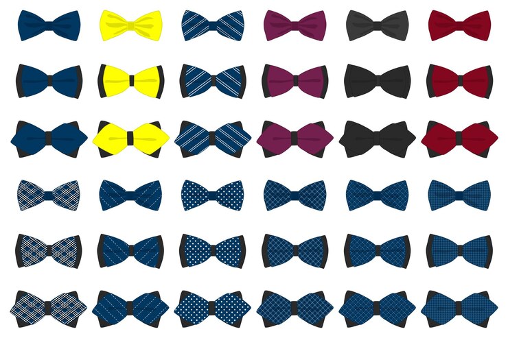 Vetor ilustração sobre o tema grande conjunto colorido fita diferentes tipos gravata borboleta vários tamanhos padrão de fita consistindo de coleção de roupas têxteis gravata borboleta para beleza gravata borboleta é acessório homem divertido em fita