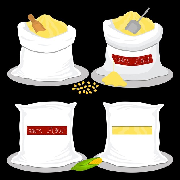 Ilustração sobre o tema grande conjunto de diferentes tipos de sacos cheios de farinha de milho de produto cru