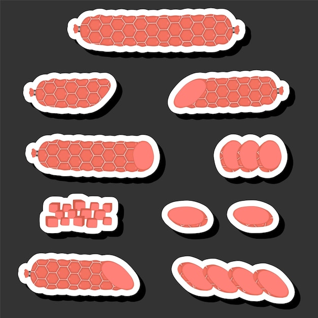 Ilustração sobre o tema grande conjunto diferentes tipos de salsichas de carne delicatessen