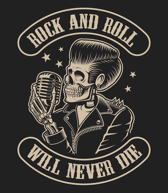 ilustração sobre um tema rock roll com um esqueleto e um microfone em um fundo escuro.