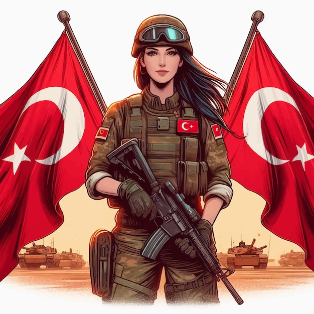 Vetor ilustração soldado turco feminino e bandeira turca