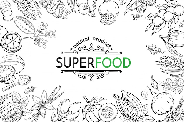 ilustração superalimento bagas e modelo de cartaz de frutas. Alfarroba, gengibre, moringa, lucuma, bagas de coji, mangostão, guaraná e noni. Desintoxicação saudável de camu camu, garcinia cambogia e maca.