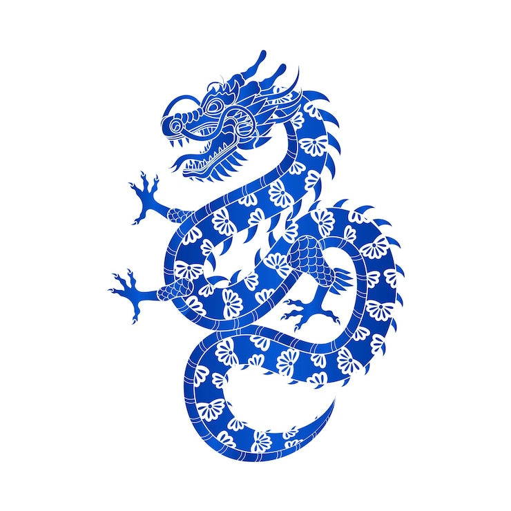 Vetor ilustração tradicional do vetor do signo do zodíaco do dragão chinês azul branco