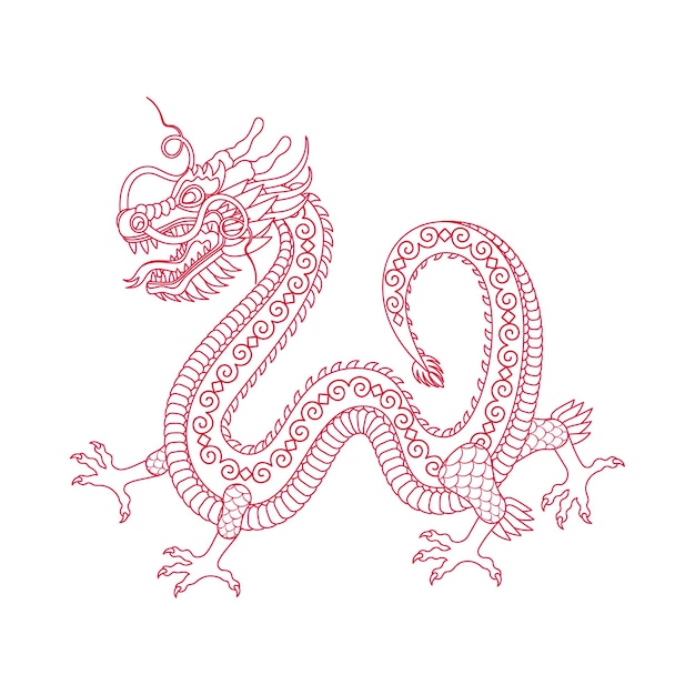 Ilustração tradicional do vetor do signo do zodíaco do dragão chinês vermelho branco