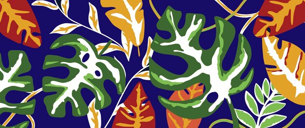 Ilustração tropical vetorial brilhante com monstera deixa folhas de palmeira em um fundo azul para decoração de design de papel de parede