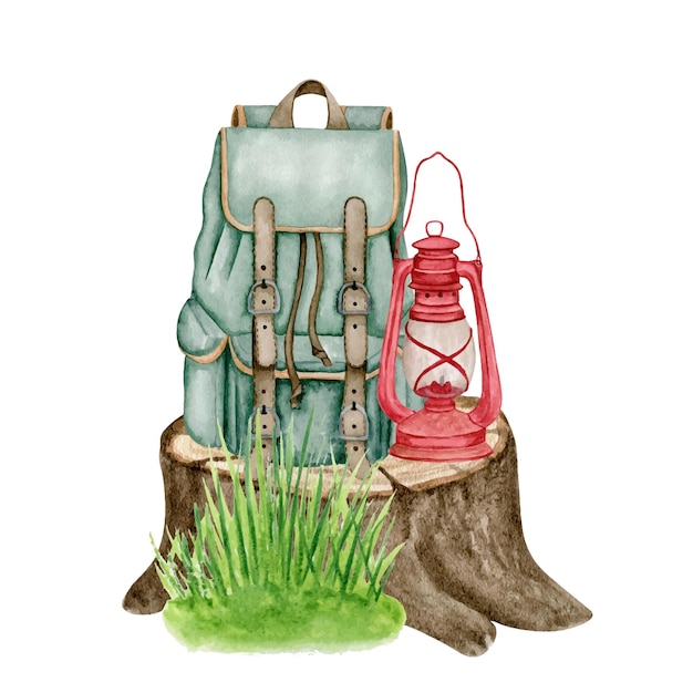 Ilustração turística desenhada à mão em aquarela. tronco de árvore, arbusto de grama, mochila, lâmpada de querosene.