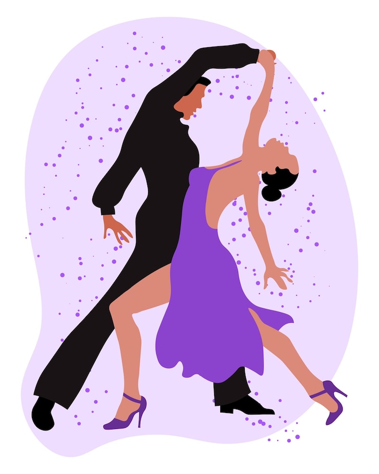Vetor ilustração um casal dançando um homem de preto e uma mulher de vestido roxo