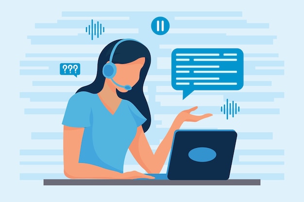 Ilustração uma mulher em fones de ouvido trabalha em um computador online lidera um webinar responde a chamadas