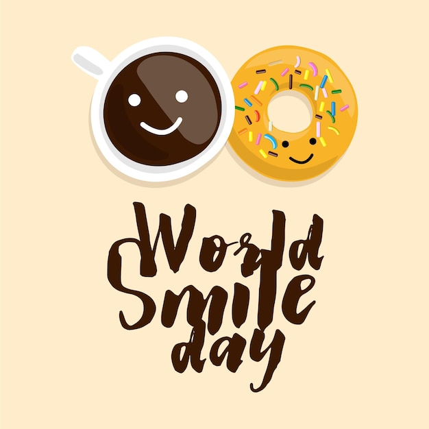 Vetor ilustração uma xícara de café com donut sobre fundo claro com texto dia mundial do sorriso