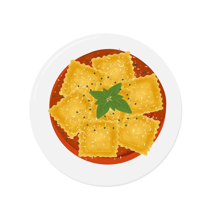 Vetor ilustração vector logo clipart top view ravioli italiano caseiro com molho de tomate