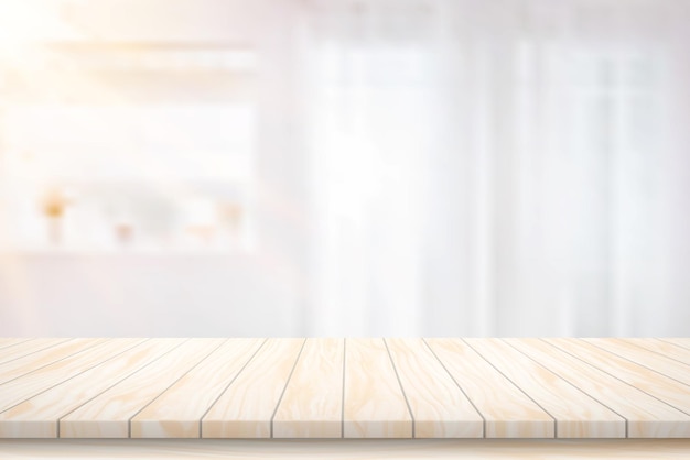 Ilustração Vector madeira piso da mesa e fundo desfocado atmosfera luz da sala da frente brilhando através da cortina em casa.