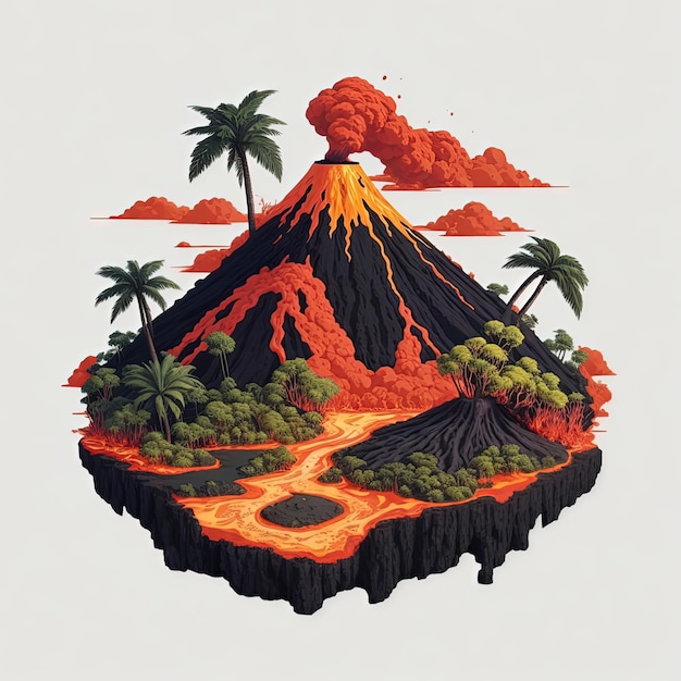 Ilustração vetor ilha com árvore vulcão de lava