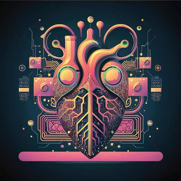 Vetor ilustração vetorial 2d colorida a tecnologia do coração humano e chips eletrônicos