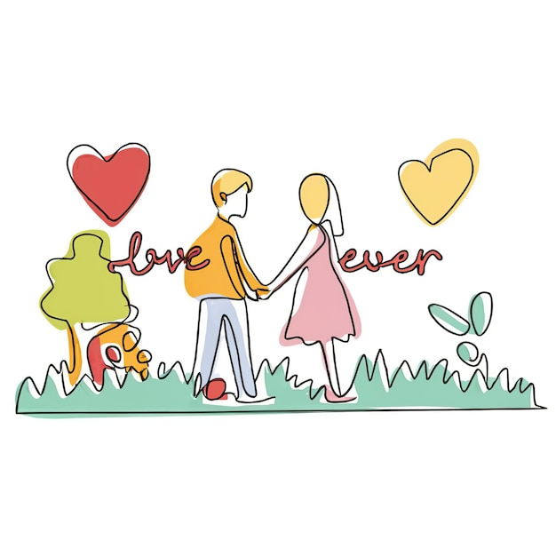 Vetor ilustração vetorial 2d colorida desenho contínuo de texto de uma linha amor para sempre