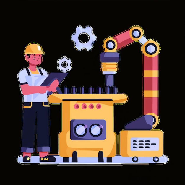 Vetor ilustração vetorial 2d colorida trabalhador de máquina e indústria e seu fator de tecnologia de desenvolvimento