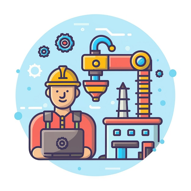 Vetor ilustração vetorial 2d colorida trabalhador de máquina e indústria e seu fator de tecnologia de desenvolvimento