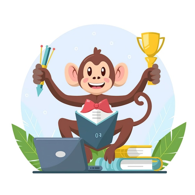 Ilustração vetorial 2D de animais coloridos, negócios de macacos, treinamento e estudo, trabalho duro, sucessos.