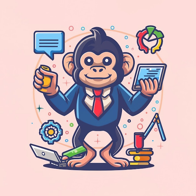 Ilustração vetorial 2D de animais coloridos, negócios de macacos, treinamento e estudo, trabalho duro, sucessos.