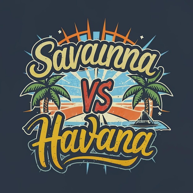 Ilustração vetorial 2d design de camiseta com letras savana vs havana com elemento de bandeira praia