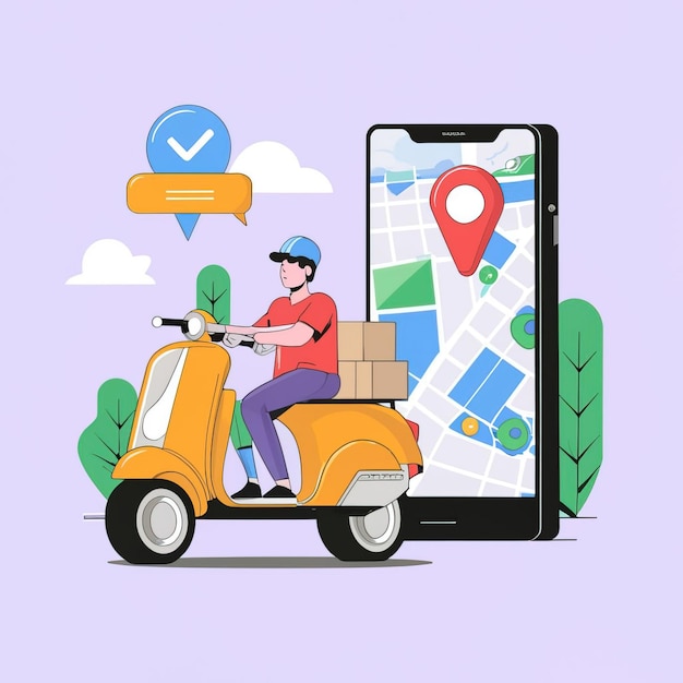 Ilustração vetorial 2d Um mensageiro vestindo uma camisa está entregando um pacote móvel com GPS de localização