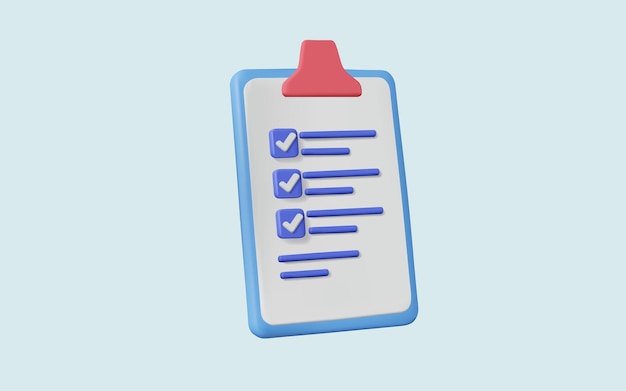 Ilustração vetorial 3d de lista de verificação de tarefas Documento com marcas de verificação Planejamento e organização do trabalho Tabela de transferências branca Caderno de notas plano de projeto Inquérito aprovado Conceito de negócio Eps 10