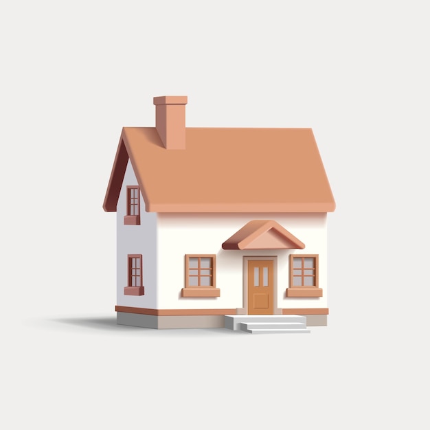 Ilustração vetorial 3D de uma casa isolada branca com telhado castanho 2 andares pequeno imóvel isolado