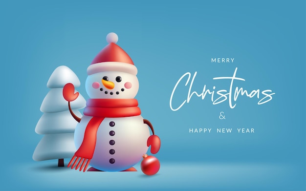 Ilustração vetorial 3D festiva de um bonito boneco de neve e pinheiro para banner de Natal