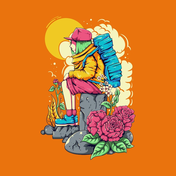 Vetor ilustração vetorial alpinista colorida carregando mochila sentada na pedra ilustração vintage