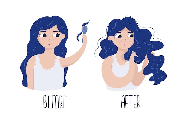 Ilustração vetorial antes e depois de cuidados com os cabelos conceito rotina de cuidados com os cabelos hair loss treatmentxa