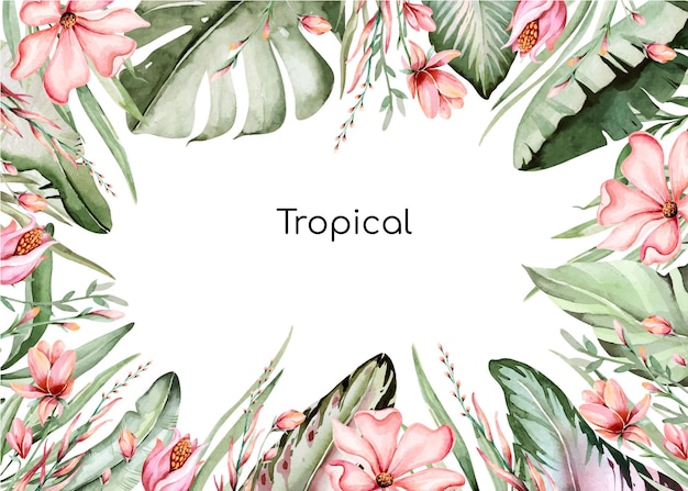 Ilustração vetorial aquarela Quadro tropical de verão com folhas de bananeira monstera e folhas de palmeira Perfeito para convites de casamento imprime cartões postais cartazes