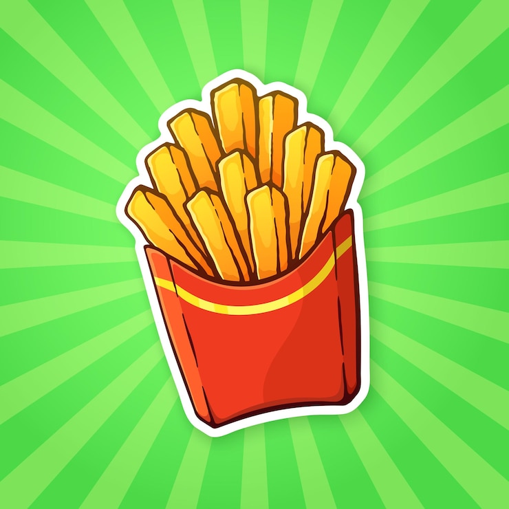 Vetor ilustração vetorial batatas fritas em um pacote de papel vermelho sobre um fundo com raios alimentos pouco saudáveis