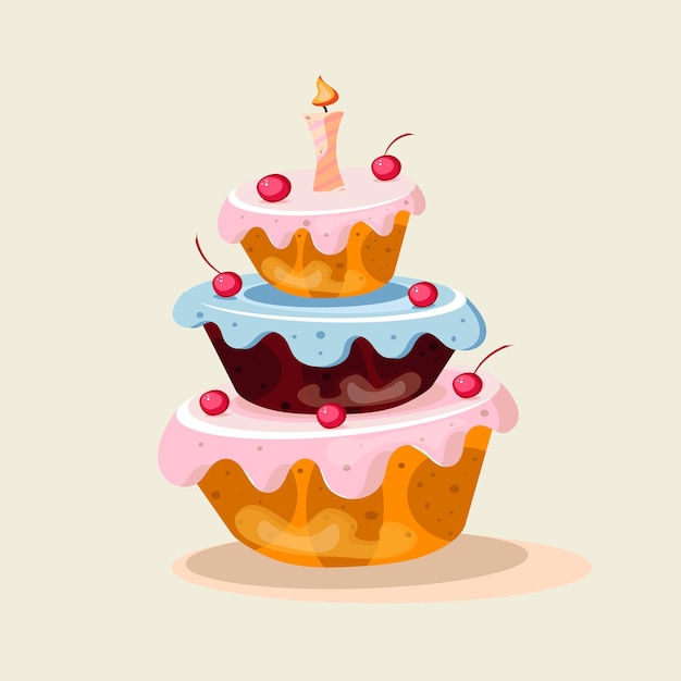 Ilustração vetorial Bolo de aniversário com vela e cereja três camadas de bolo com glacê multicolorido