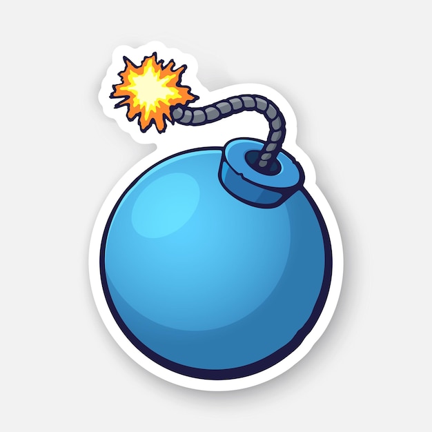 Ilustração vetorial bomba azul em forma de bola com uma corda de fusível em chamas adesivo com contorno