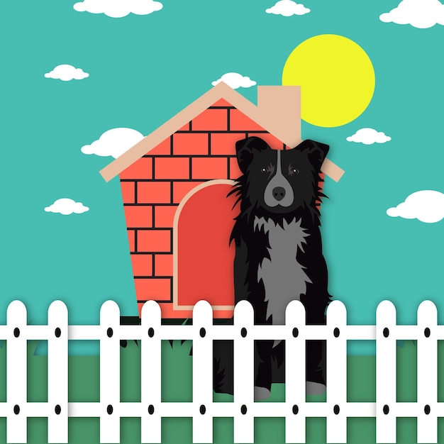 Vetor ilustração vetorial cão border collie em casa de madeira animal de estimação