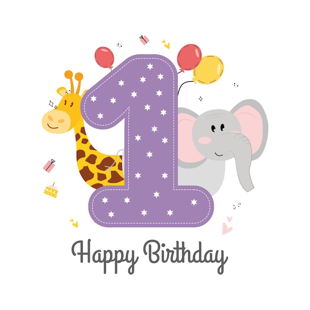 Ilustração vetorial cartão de feliz aniversário com animais número um elefante e girafa presentes balões bolo corações cartão com as palavras feliz aniversário