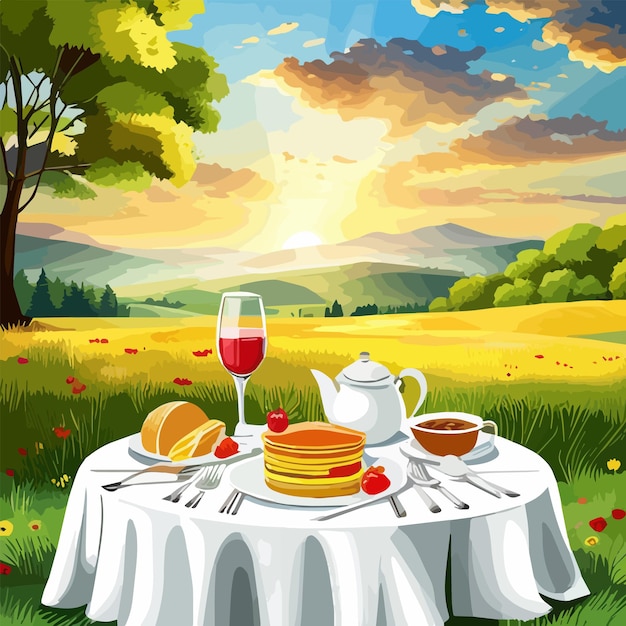 Vetor ilustração vetorial cena da natureza com mesas com montanhas de comida em fundo piquenique com frutas