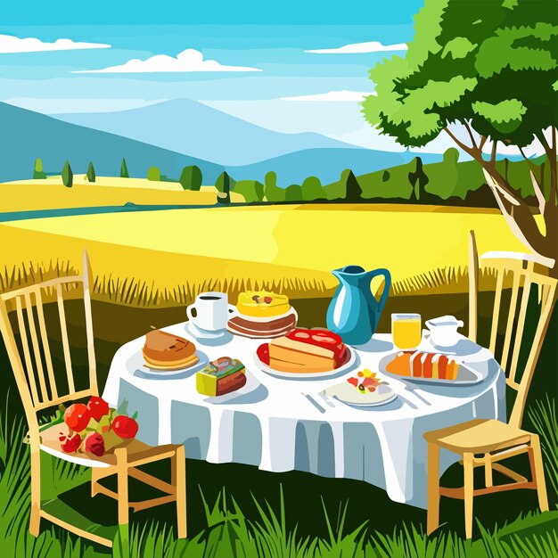 Vetor ilustração vetorial cena da natureza com mesas com montanhas de comida em fundo piquenique com frutas