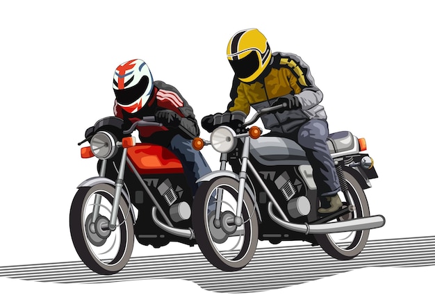 Ilustração vetorial clássica de motocicleta Dois homens montando motocicleta vintage isolados em branco