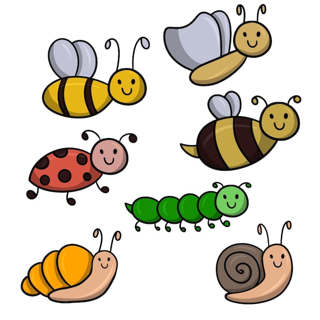 Ilustração vetorial coleção de insetos fofos insetos de desenho animado com um sorriso fofo