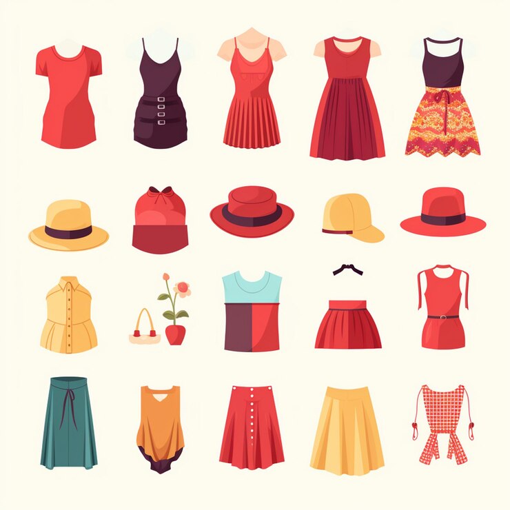 Vetor ilustração vetorial coleção de moda de meninas roupas set de desenhos animados roupas roupas vestido gr
