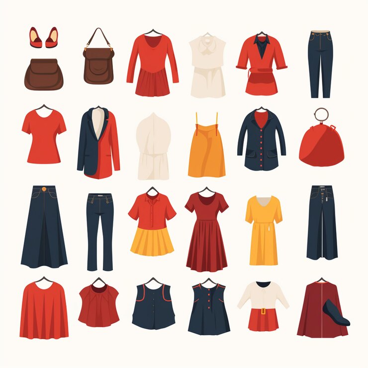 Vetor ilustração vetorial coleção de moda de meninas roupas set de desenhos animados roupas roupas vestido gr