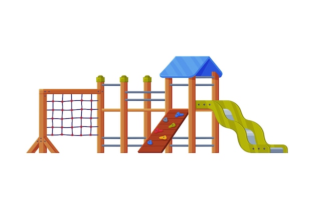 Ilustração vetorial colorida de madeira com parede de escalada e escada no playground