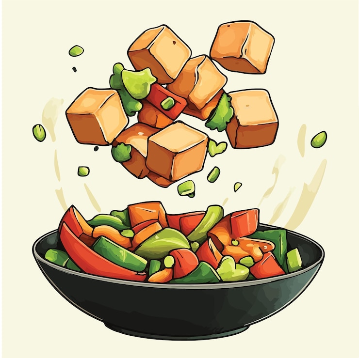 Vetor ilustração vetorial colorida de tofu stirfry com ilustração vetorial de vegetais frescos