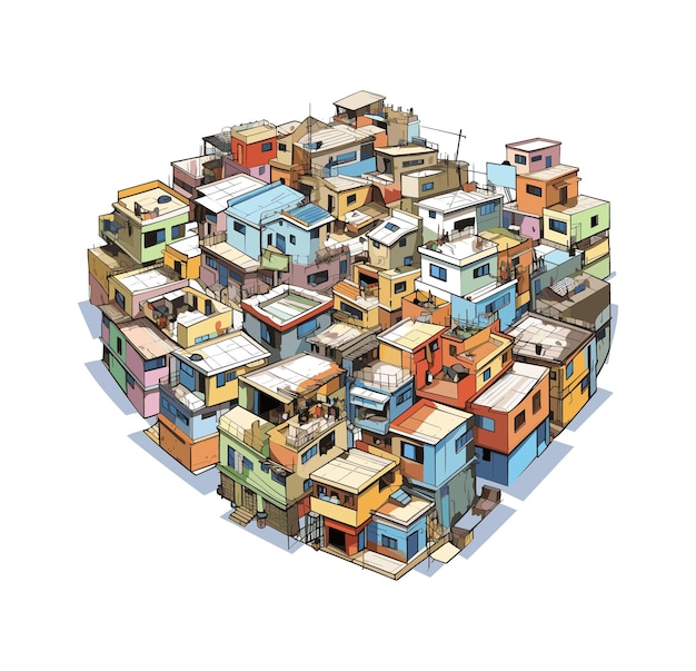 Vetor ilustração vetorial colorida de uma área de favela de mumbai as favelas monótonas de morro de mumbai