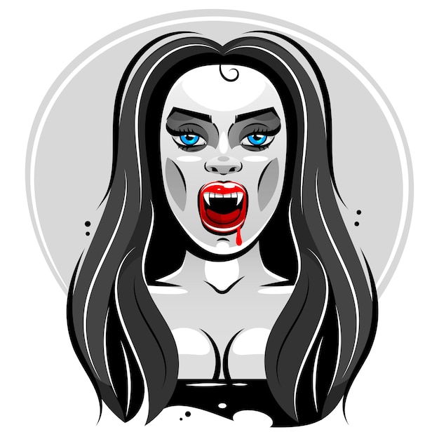 Vetor ilustração vetorial com boca de vampiro aberta lábios sensuais vermelhos e dentes longos isolados em um branco
